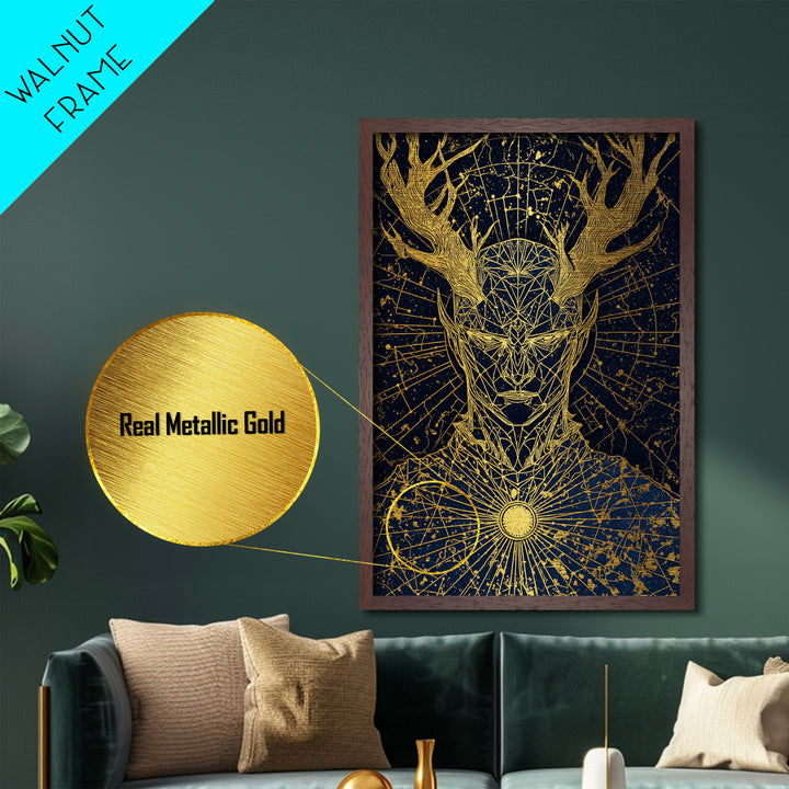 Geometric Antler God Artwork, Metallic Gold Art Print, Mythology Constellation Wall Decor, Cosmic Style, Real Wood Frame