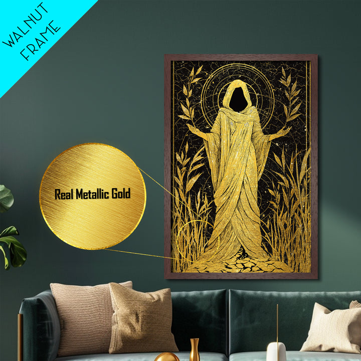Mystical Hooded Figure Artwork, Metallic Gold Art Print, Mythology Spiritual Wall Decor, Divine Goddess Style, Real Wood Frame