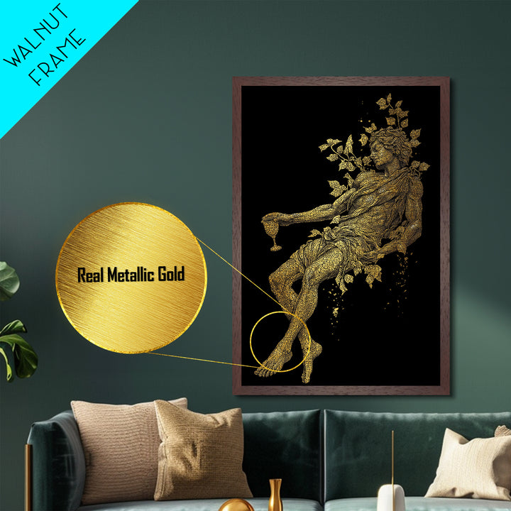 Resting God With Wine Artwork, Metallic Gold Metal Print, Mythology Dionysus Inspired Wall Art, Mosaic Style, Real Wood Frame