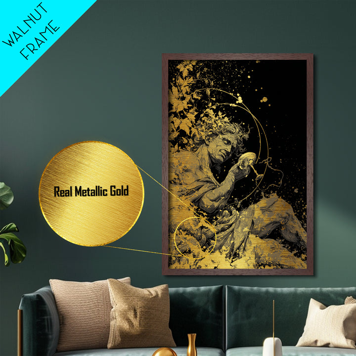 Mythology God Drinking Artwork, Metallic Gold Metal Print, Ancient Dionysus Inspired Wall Art, Wine Motif Decor, Real Wood Frame
