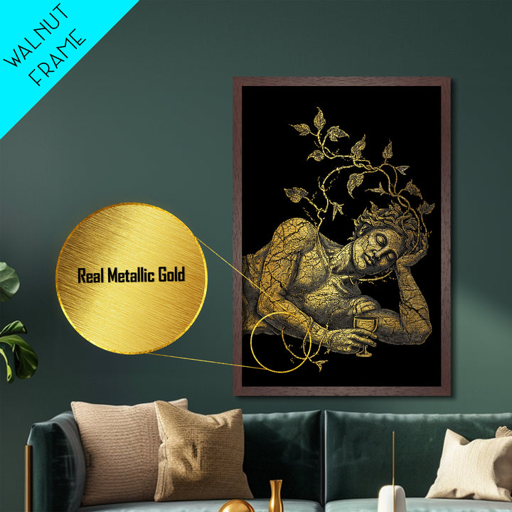Sleeping God With Vines Artwork, Metallic Gold Art Print, Mythology Dionysus Inspired Wall Decor, Mosaic Style, Real Wood Frame