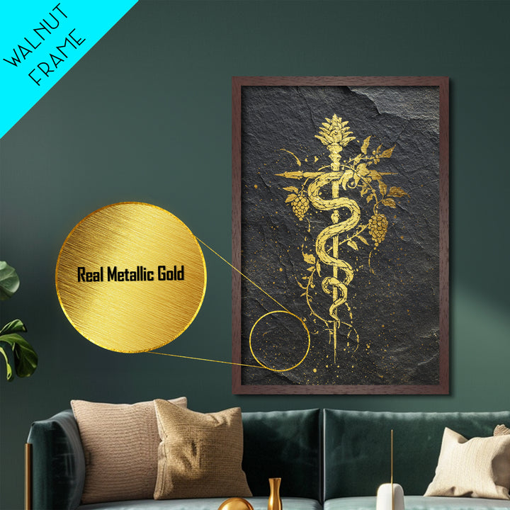 Mythical Serpent Staff Metallic Gold Metal Print, Ancient Symbolic Snake Art, Luxury Decor With Real Wood Frame