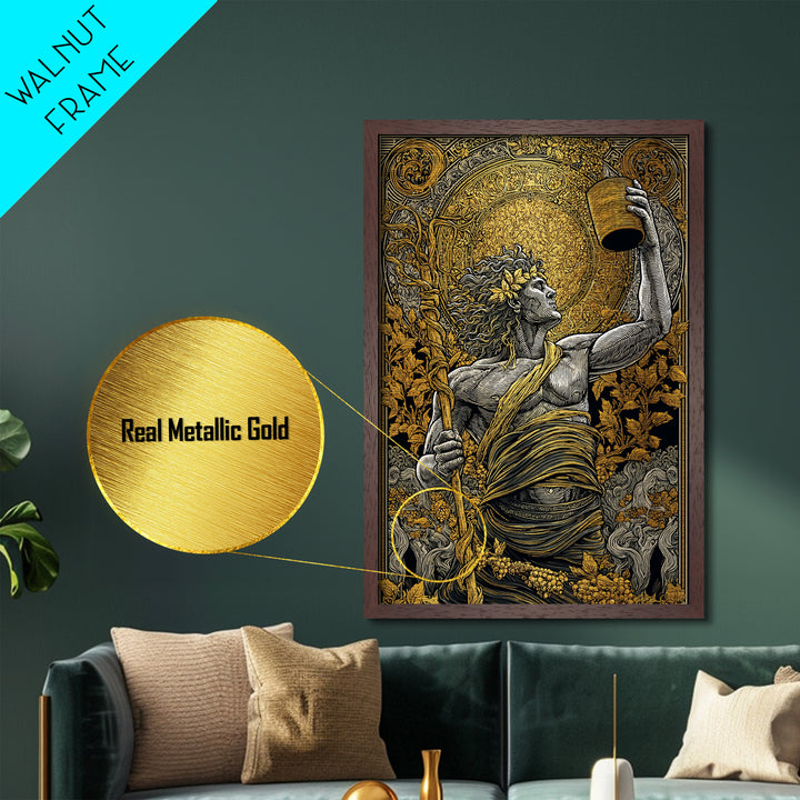 Dionysus Celebration Metallic Gold Metal Print, Greek God Of Wine Wall Art, Mythology Decor With Real Wood Frame