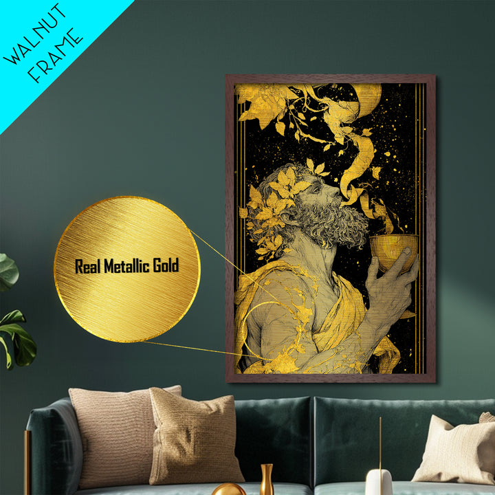 Bearded Dionysus Metallic Gold Metal Print, Greek Mythology Wine God Wall Art, Regal Luxury Decor With Real Wood Frame