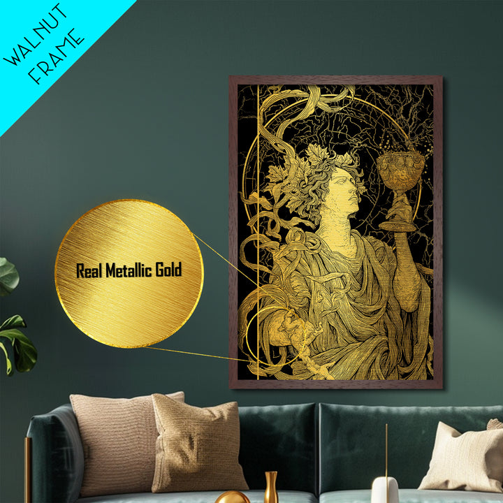 Dionysus With Chalice Metallic Gold Metal Print, Ancient Greek God Art, Mythology Home Decor With Real Wood Frame