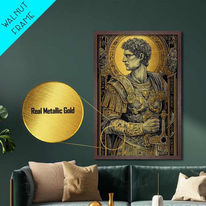 Roman General Portrait Metallic Gold Metal Print, Ancient Warrior Wall Art, Regal Classical Decor With Real Wood Frame