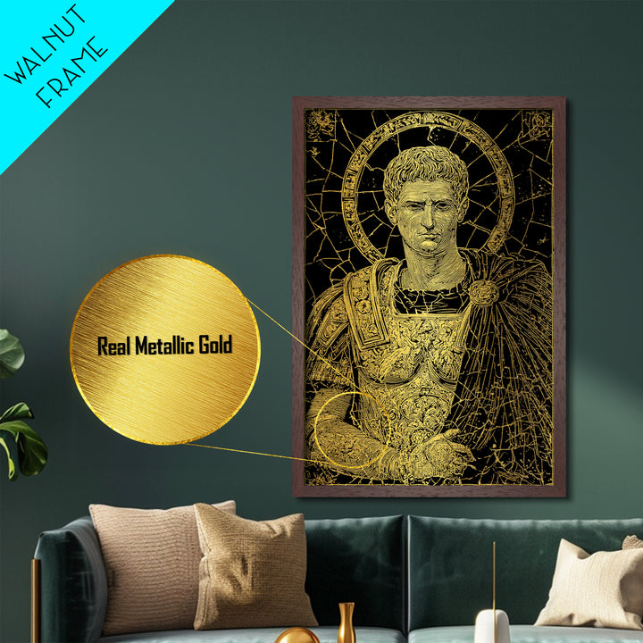 Augustus Caesar Metallic Gold Metal Print, Roman Emperor Portrait Wall Art, Ancient Regal Decor With Real Wood Frame