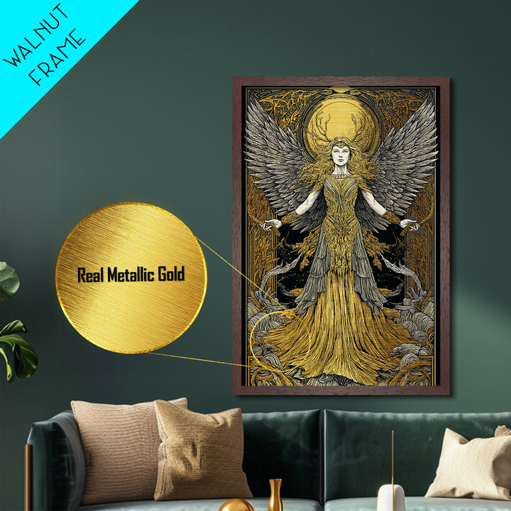 Mythical Winged Goddess Metallic Gold Metal Print, Fantasy Divine Woman Art, Ethereal Luxury Decor With Real Wood Frame