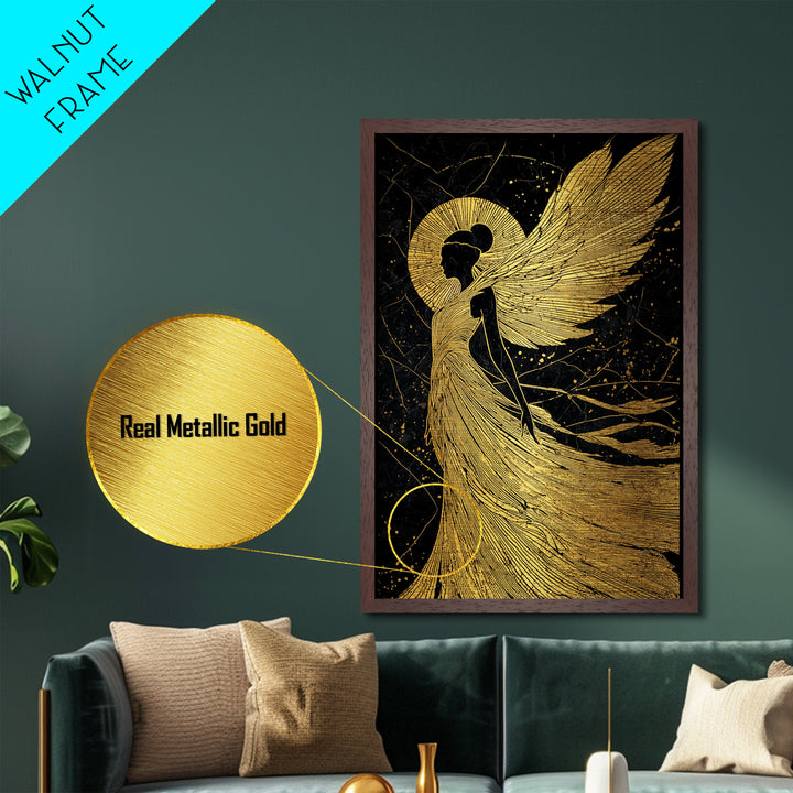 Golden Angelic Silhouette Metallic Gold Metal Print, Elegant Divine Figure Art, Celestial Decor With Real Wood Frame