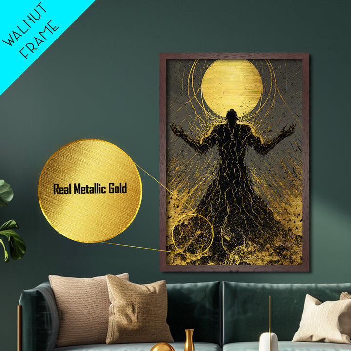Cosmic Ascension Metallic Gold Metal Print, Abstract Silhouette Moon Art, Spiritual Mythology Decor With Real Wood Frame