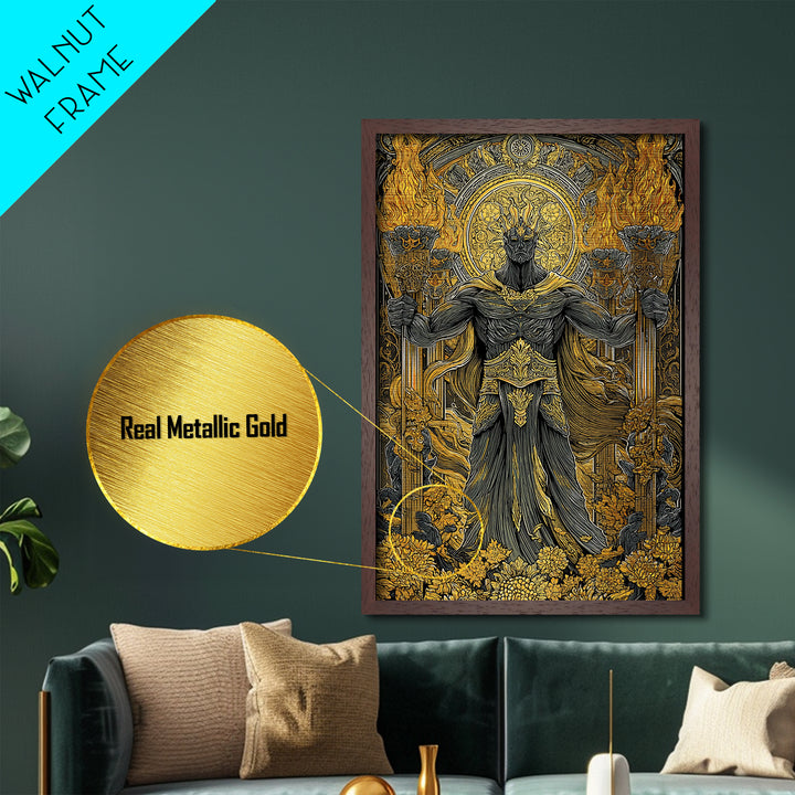Hades Underworld Metallic Gold Metal Print, Greek God Of The Dead Wall Art, Dark Mythology Decor With Real Wood Frame