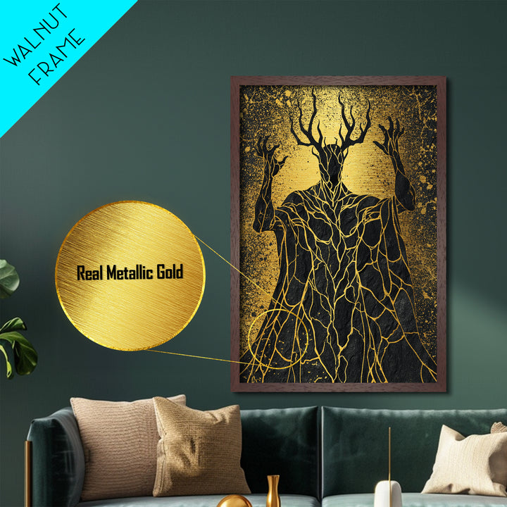 Antlered Mythical Deity Metallic Gold Metal Print, Fantasy Abstract Wall Art, Mystical Surreal Figure, Real Wood Frame