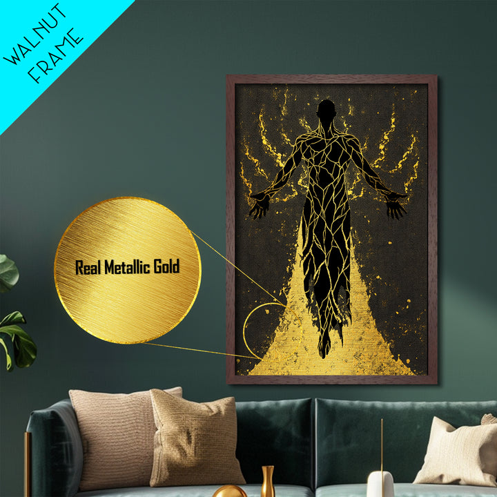 Radiant Ascension Metallic Gold Metal Print, Mythological Abstract Silhouette, Celestial Fantasy Wall Art, Real Wood Frame