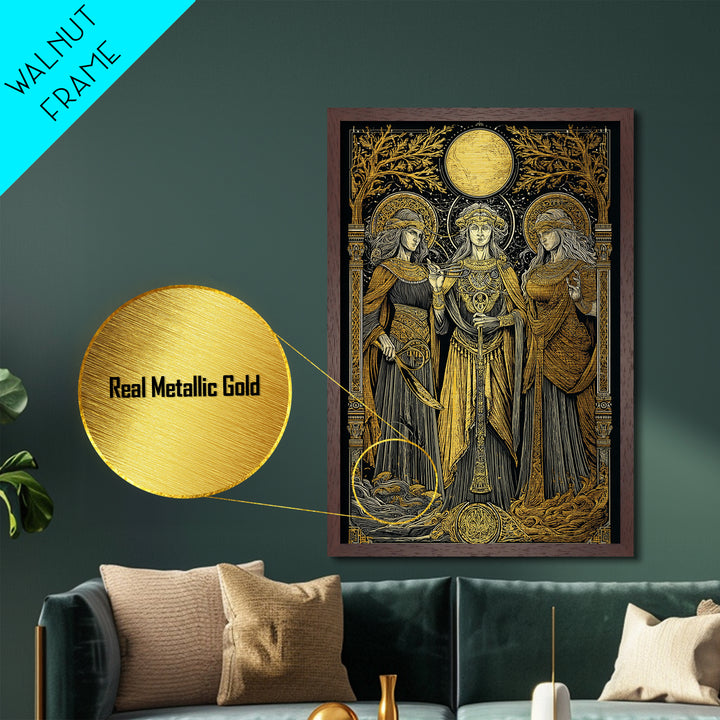 Three Goddesses Mythological Metallic Gold Metal Print, Greek Goddess Wall Art, Sacred Feminine Decorative Art, Real Wood Frame