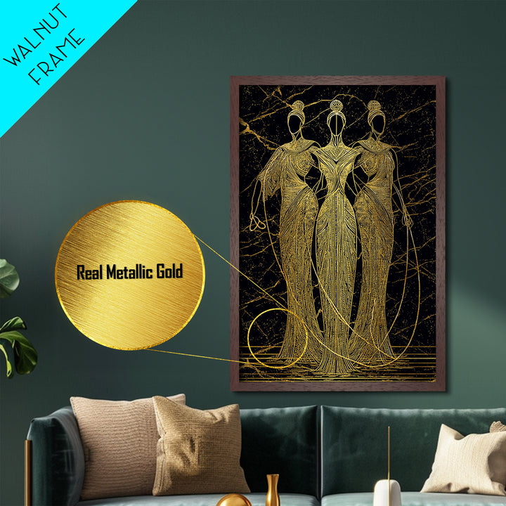 The Fates Mythological Metallic Gold Metal Print, Destiny Goddess Wall Art, Greek Myth Symbolism, Elegant Decor, Real Wood Frame