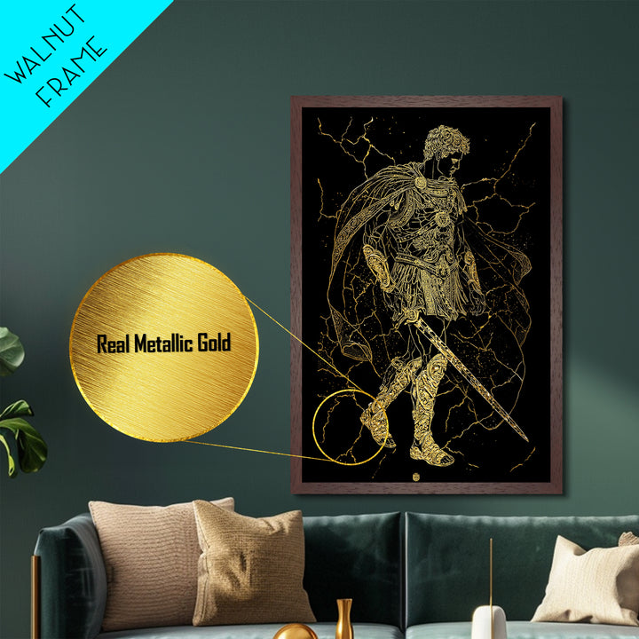 Roman Warrior Hero Metallic Gold Metal Print, Ancient Gladiator Wall Art, Mythological Soldier Decor, Real Wood Frame