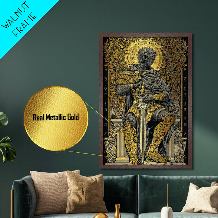 Seated Roman King Metallic Gold Metal Print, Ancient Emperor Wall Art, Regal Mythological Decor, Real Wood Frame