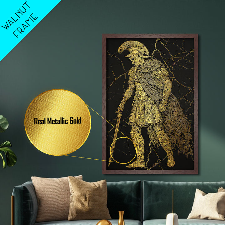 Mythical Roman Soldier Metallic Gold Metal Print, Ancient Gladiator Wall Art, Warrior Decorative Art, Real Wood Frame