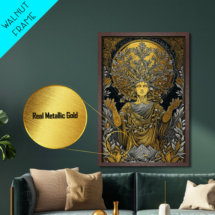 Gaia Mother Earth Metallic Gold Metal Print, Greek Goddess Wall Art, Divine Nature Decorative Art, Real Wood Frame