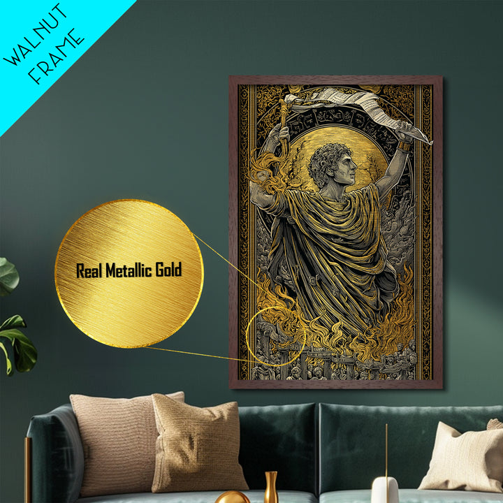 Ancient Roman Emperor Metallic Gold Metal Print, Greek Mythological Wall Art, Heroic Decorative Art, Real Wood Frame