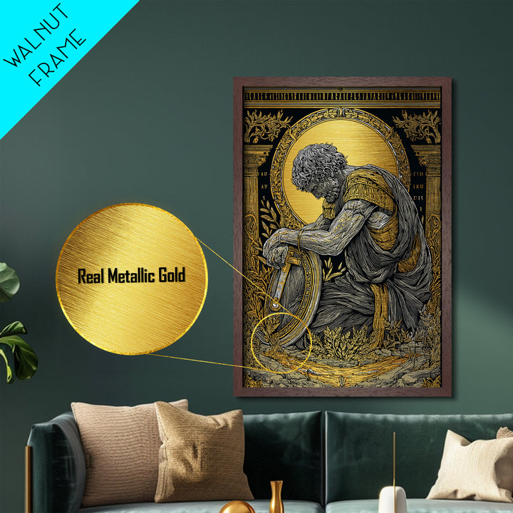Kneeling Roman Soldier With Shield, Metallic Gold Art, Mythology Inspired Print, Ancient History Wall Decor, Real Wood Frame