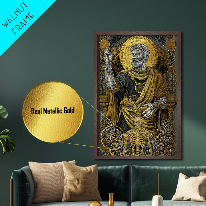 Ancient Philosopher With Skeleton, Metallic Gold Metal Print, Mythology Wall Art, Classical History Artwork, Real Wood Frame