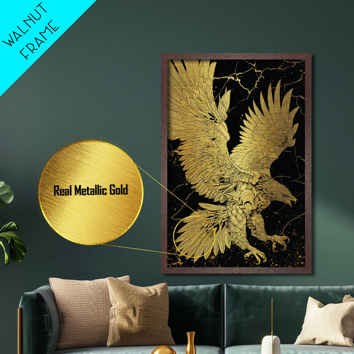 Majestic Eagle In Flight, Metallic Gold Art, Mythology Inspired Bird Print, Ancient Symbol Wall Decor, Luxury Real Wood Frame