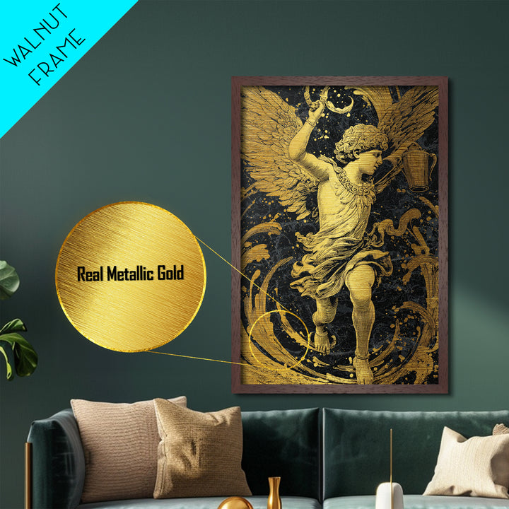 Winged Angel With Water Vessel, Metallic Gold Metal Print, Mythology Inspired Artwork, Ancient Classical Decor, Real Wood Frame