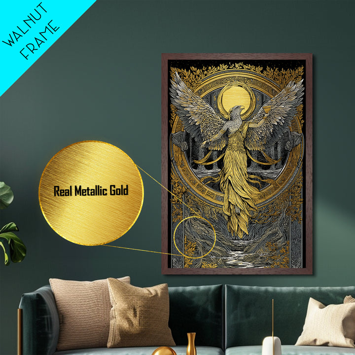 Eagle Headed Deity Holding Chalice, Metallic Gold Art, Mythology Inspired Wall Print, Ancient Symbol Artwork, Real Wood Frame