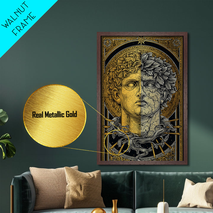 Dual Faced Mythological Bust, Metallic Gold Metal Print, Ancient Symbolic Artwork, Mythology Inspired Wall Decor, Real Wood Frame