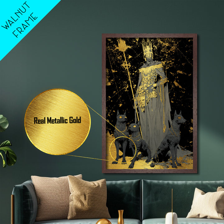 Dark King With Hounds, Metallic Gold Art, Mythology Inspired Metal Print, Ancient Underworld Wall Artwork, Real Wood Frame