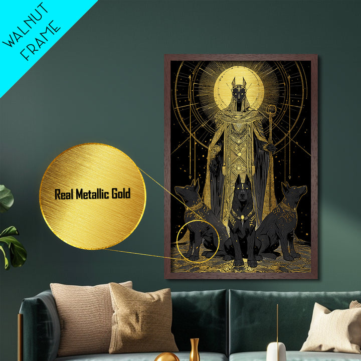 Anubis With Sacred Hounds, Metallic Gold Art, Mythology Inspired Metal Print, Egyptian God Wall Artwork, Real Wood Frame