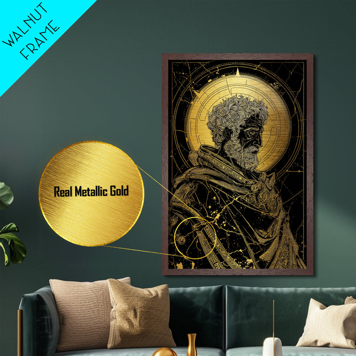 Ancient Philosopher Bust Metallic Gold Metal Print, Greek Portrait Wall Art, Regal Mythology Decor, Real Wood Frame