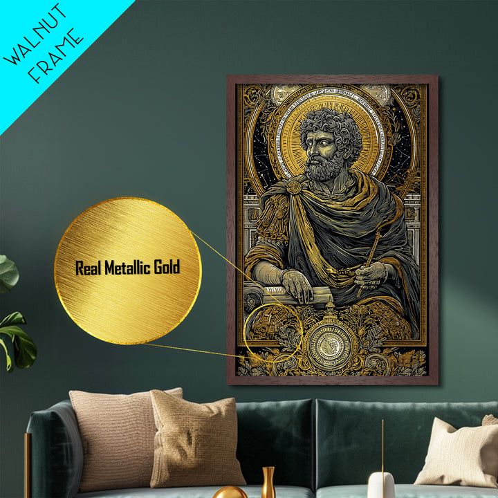 Roman Emperor Study Metallic Gold Metal Print, Classical Greek God Art, Luxurious Mythology Wall Decor, Real Wood Frame