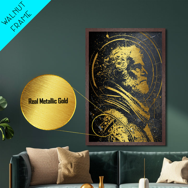 Stoic Elder Portrait Metallic Gold Metal Print, Greek Philosopher Wall Art, Abstract Ancient Decor, Real Wood Frame