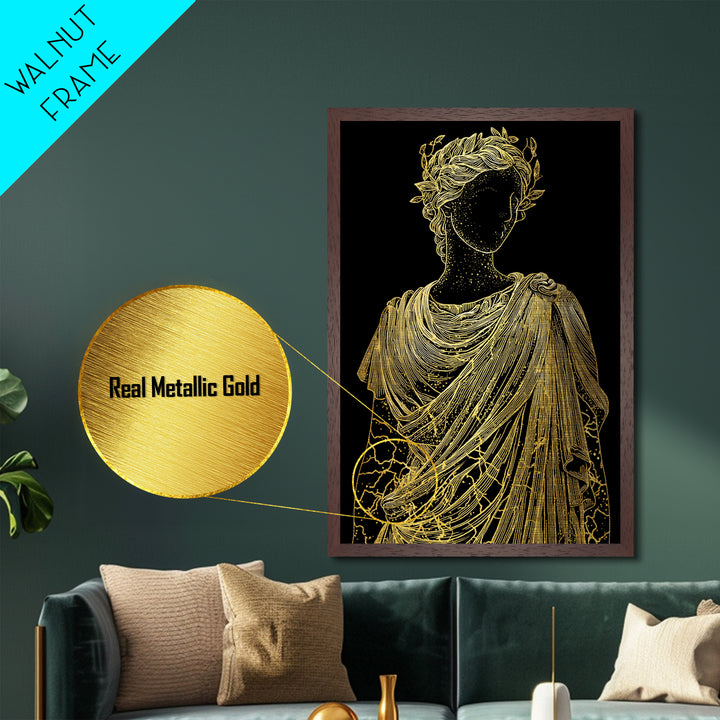 Divine Goddess Bust Metallic Gold Metal Print, Ethereal Greek Statue Art, Elegant Classical Wall Decor, Real Wood Frame