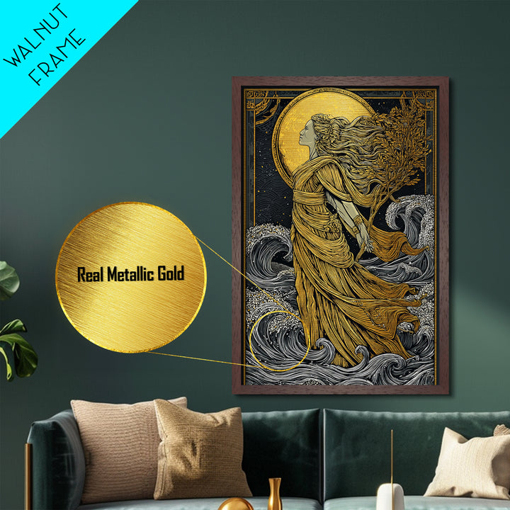Moonlit Goddess Metallic Gold Metal Print, Flowing Mythology Wall Art, Timeless Greek Fantasy Decor, Real Wood Frame