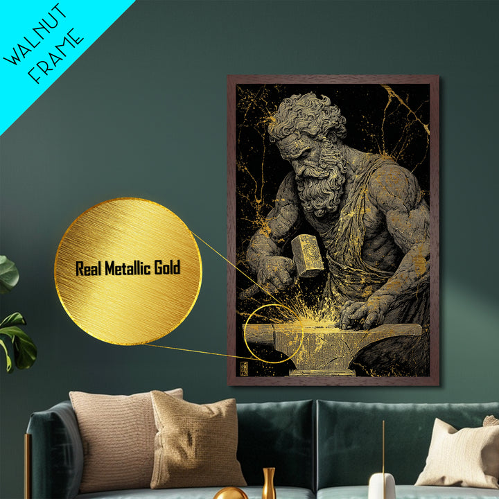 Greek God At Anvil Metallic Gold Metal Print, Mythological Hephaestus Art, Classic Blacksmith Wall Decor, Real Wood Frame