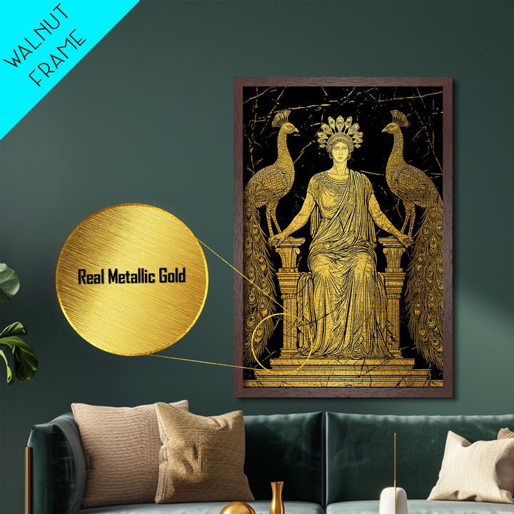 Greek Goddess Hera With Peacocks Metallic Gold Metal Print, Mythology Wall Art, Luxury Wood Framed Art Decor