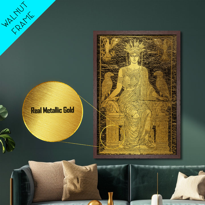 Ancient Goddess Hera Mosaic Metallic Gold Metal Print, Mythology Inspired Art, Regal Home Decor, Wood Framed Wall Art