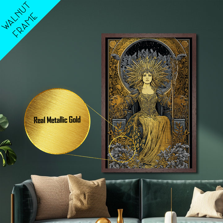 Greek Goddess Hera Throne Metallic Gold Metal Print, Mythology Wall Art, Divine Regal Decor, Real Wood Frame Artwork