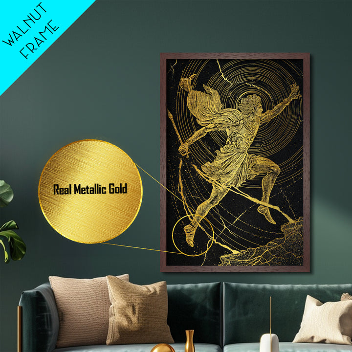 Hermes Running With Caduceus Metallic Gold Metal Print, Greek God Art, Mythology Wall Decor, Luxury Wood Framed Print