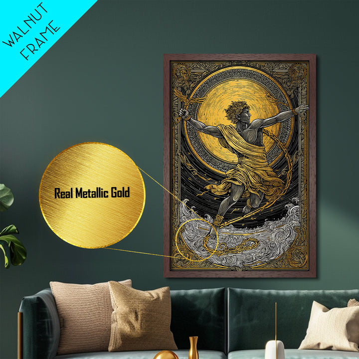 Messenger God Hermes Metallic Gold Metal Print, Ancient Mythology Art, Greek God Wall Decor, Real Wood Frame Artwork