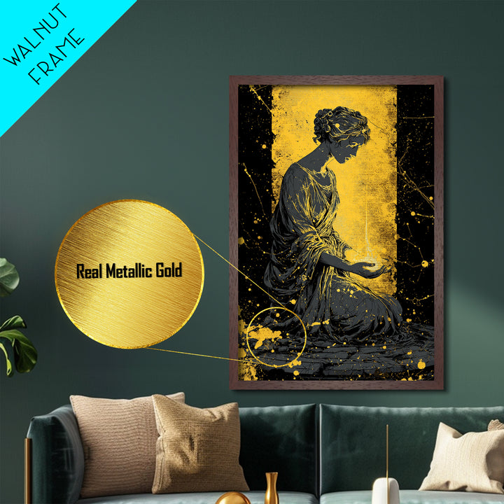 Greek Goddess Hestia With Flame Metallic Gold Metal Print, Ancient Mythology Wall Art, Real Wood Frame Home Decor
