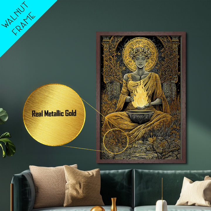 Hestia Goddess Of The Hearth Metallic Gold Metal Print, Divine Fire Wall Art, Mythology Inspired Decor, Wood Frame Print