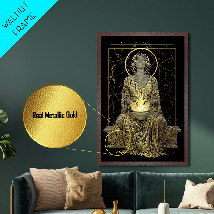 Sacred Flame Hestia Metallic Gold Metal Print, Greek Goddess Wall Art, Ancient Mythology Decor, Luxury Wood Frame Artwork