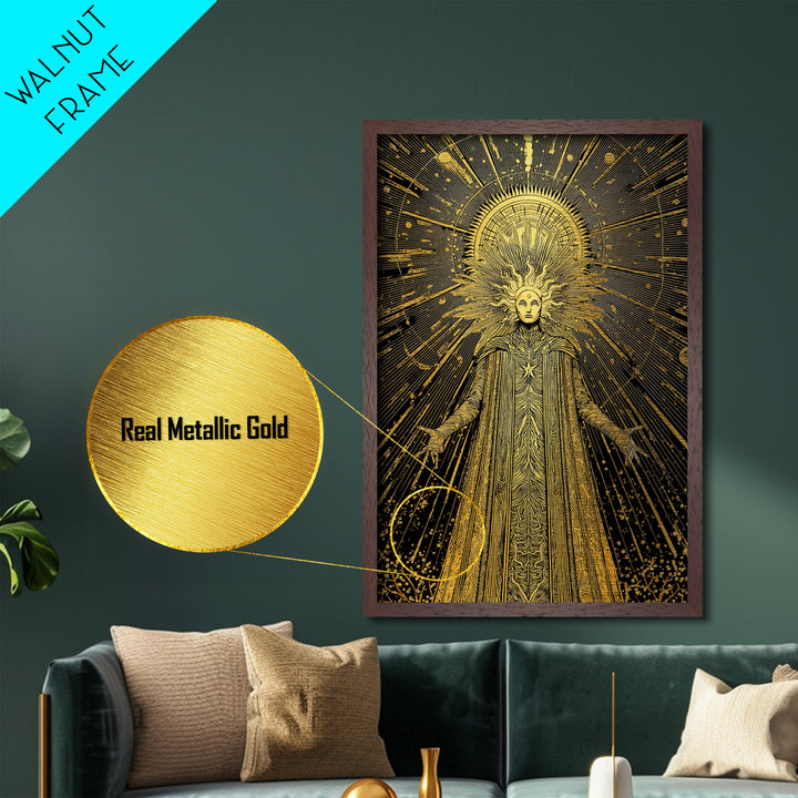 Queen Hera With Crown And Lions, Regal Mythology Goddess, Metallic Gold Metal Print, Greek Art Wall Decor, Real Wood Frame