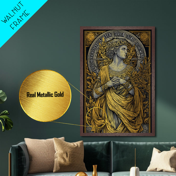 Greek Goddess Hestia With Fire Bowl, Mythology Metallic Gold Metal Print, Ancient Goddess Wall Art, Real Wood Frame