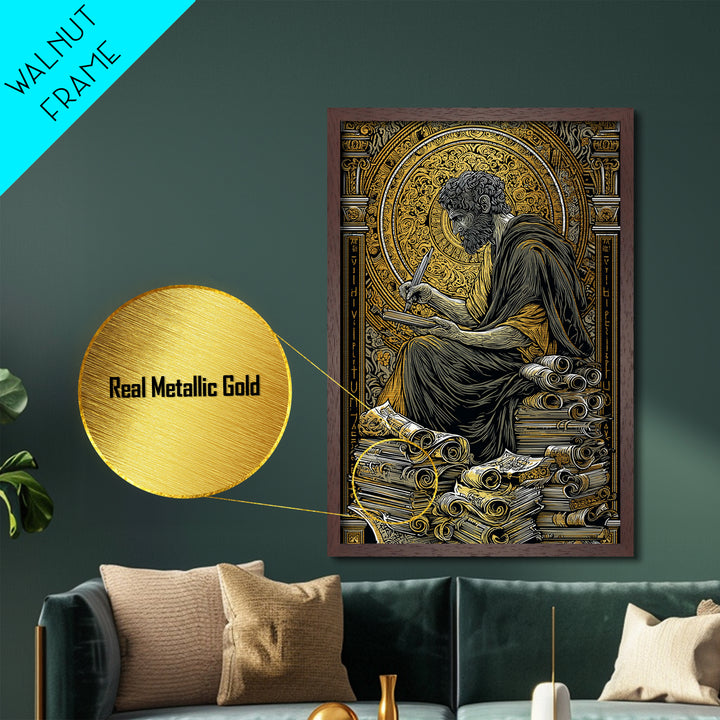 Metallic Gold Metal Print, Ancient Philosopher Writing Art, Greek Scholar Wall Decor, Mythology Artwork, Real Wood Frame