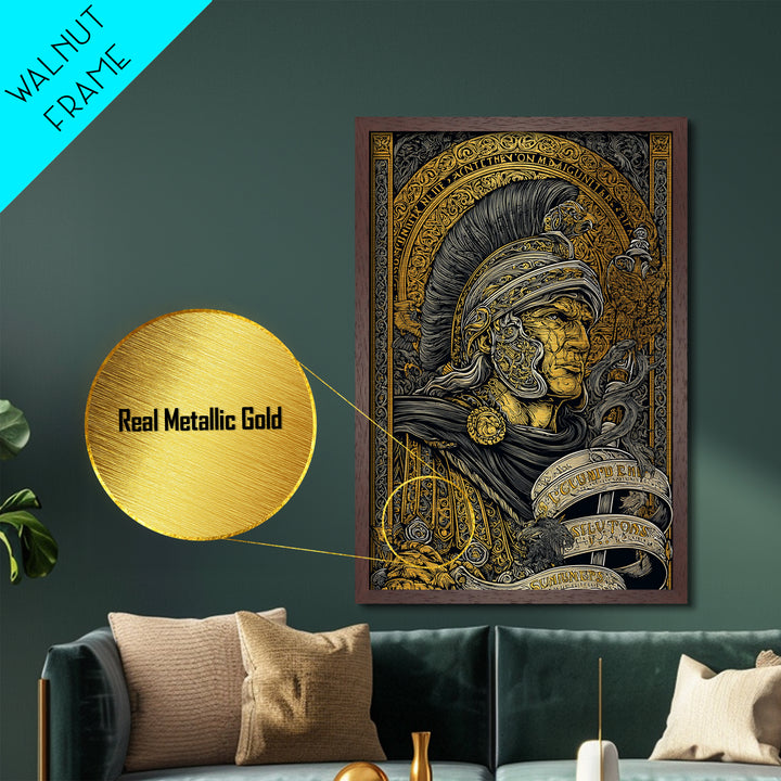 Metallic Gold Metal Print, Warrior Helmet Roman Soldier Art, Ancient Military Wall Decor, Classical Artwork, Real Wood Frame
